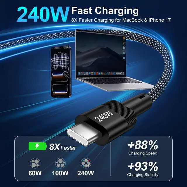 Alt view image 2 of 7 - 240W USB-C Charge Cable Fast Charging for iPhone 17 Pro Max 17 Air 16E 16 Pro Max 16Plus,10FT Long USB Type C to C Power Cable Android Phone Fast Charging Cord for Laptops MacBook iPad Air Galaxy S25