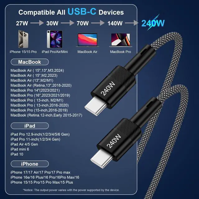 Alt view image 6 of 7 - 240W USB-C Charge Cable Fast Charging for iPhone 17 Pro Max 17 Air 16E 16 Pro Max 16Plus,10FT Long USB Type C to C Power Cable Android Phone Fast Charging Cord for Laptops MacBook iPad Air Galaxy S25