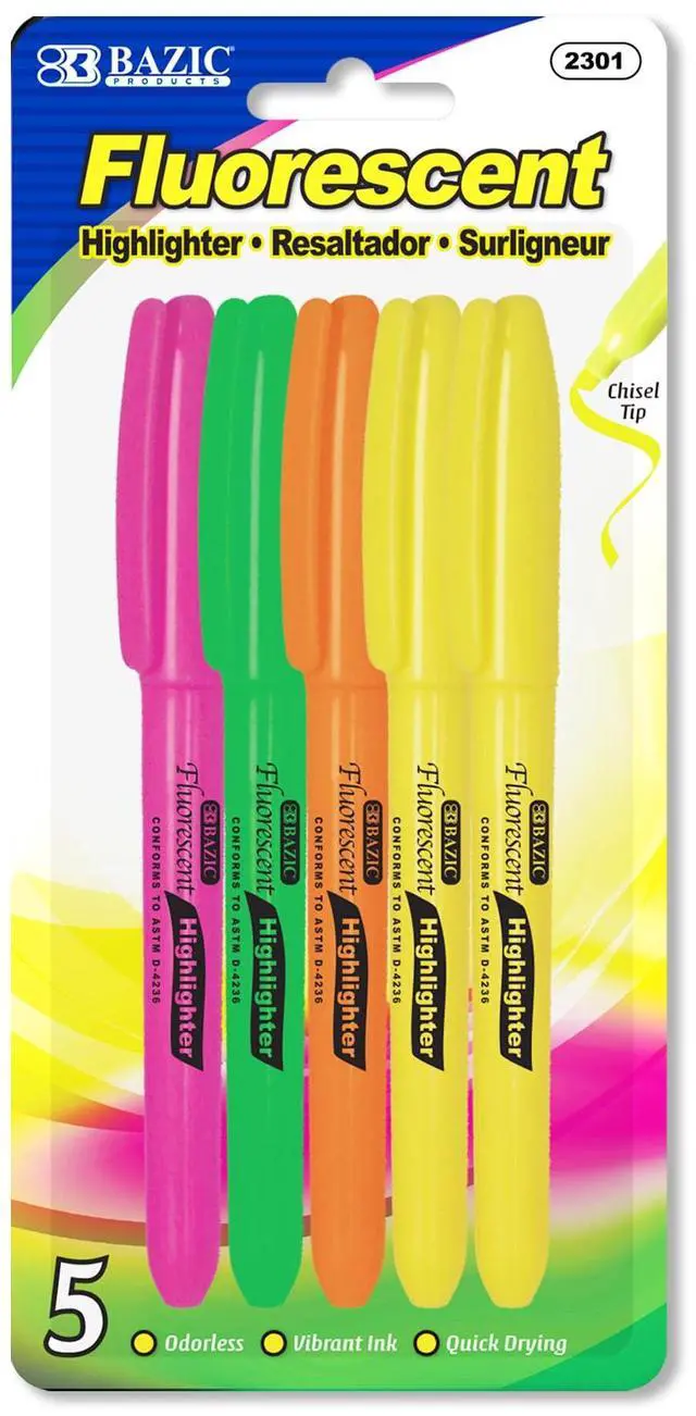 Main image of Neon Highlighter Assorted Color Pen Style, Chisel Tip Broad Fine Line Highlighters, Unscented Highlighting Coloring Marker (5/Pack), 1-Pack