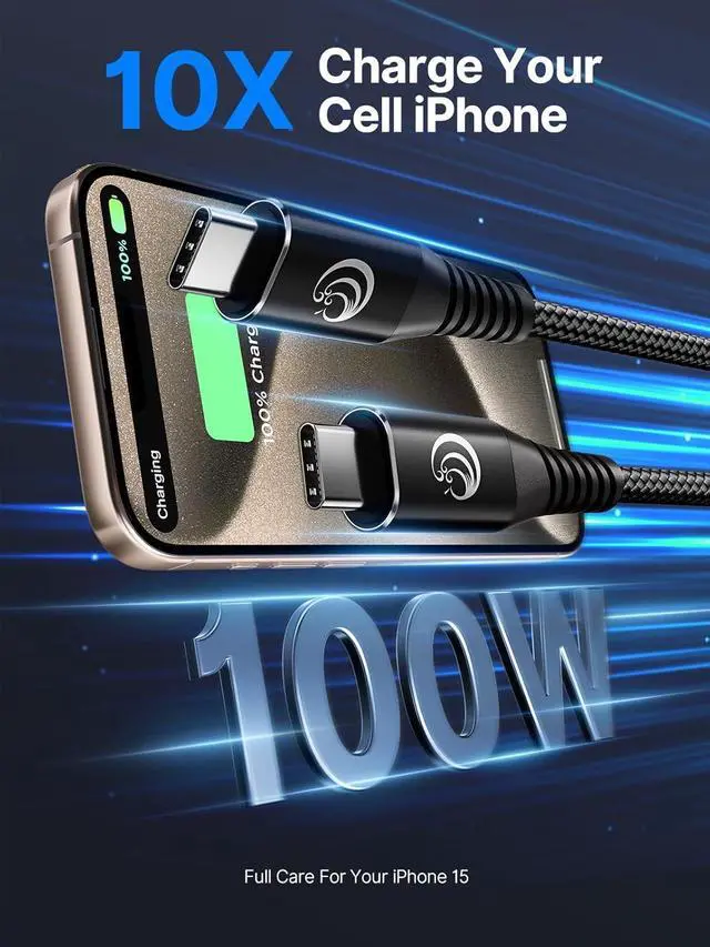 Alt view image 2 of 7 - 10FT USBC to USBC Cable 100W Fast Charging, Nylon Braided USB C to USB C Charger Cord Compatible with iPhone 17 Pro Max 16 15, MacBook Pro/Air, iPad, Samsung Galaxy S26 Ultra S25 S24, PS5, Switch