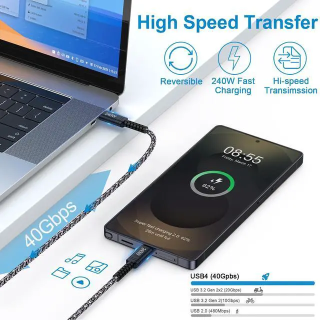 Alt view image 5 of 7 - 240W USB C to USB C Cable,10FT Long C to C Cable Fast Charging for iPhone17