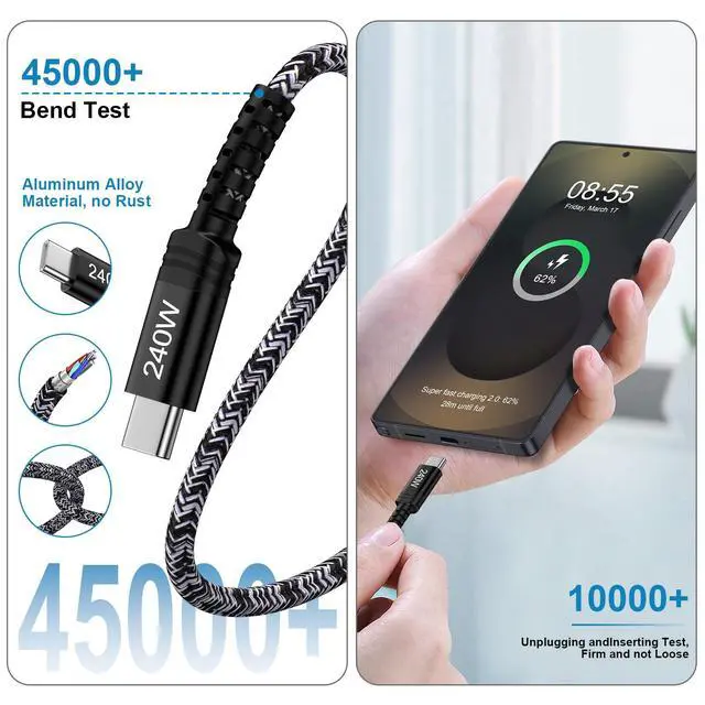 Alt view image 6 of 7 - 240W USB C to USB C Cable,10FT Long C to C Cable Fast Charging for iPhone17