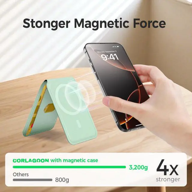 Alt view image 2 of 7 - for MagSafe WalletLeather Magnetic Wallet for Phone with Adjustable Stand5 Magnetic Credit Card Holder RFID Blocking for iPhone 17 16 15 14 13 12 Pro Max Air Series Cases(Slim-Green)