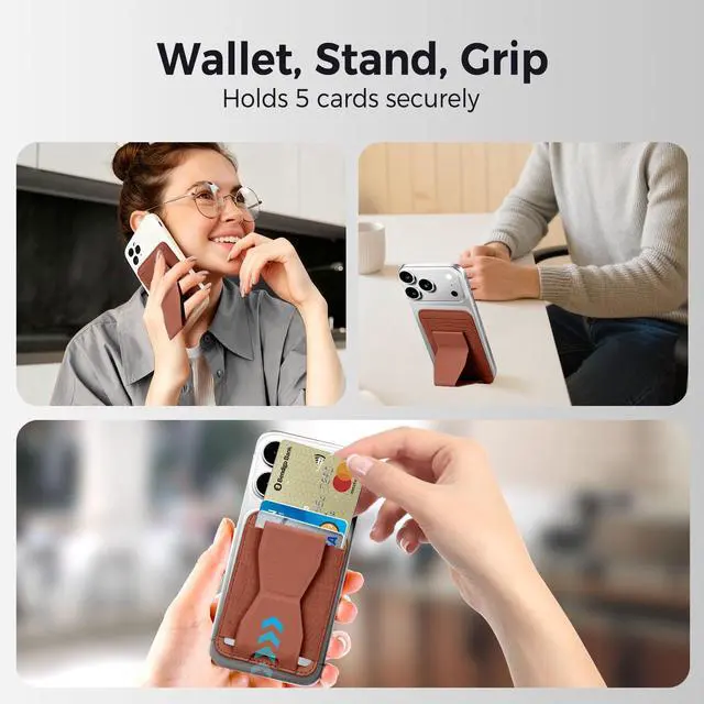 Alt view image 2 of 6 - for MagSafe Wallet with Adjustable Stand Grip,5 Card Elasticity Holder Stronger Magnetic Slim Wallet for iPhone Air 17/16/15/14/13/12 Pro (Brown)