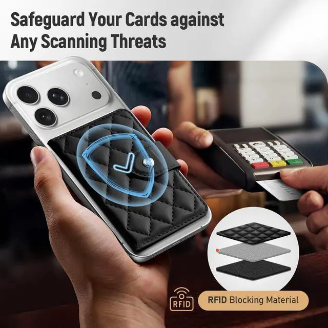 Alt view image 4 of 7 - Compatible with Magsafe Wallet Magnetic 4-Card Holder, Magnetic Wallet for iPhone, RFID Blocking, Diamond Quilting Leather, Slim for iPhone 17/16/15/14/13/12 Series, Not for 13/12 Mini, Black