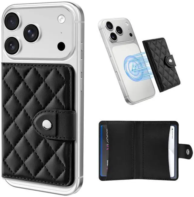 Main image of Compatible with Magsafe Wallet Magnetic 4-Card Holder, Magnetic Wallet for iPhone, RFID Blocking, Diamond Quilting Leather, Slim for iPhone 17/16/15/14/13/12 Series, Not for 13/12 Mini, Black