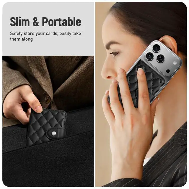 Alt view image 6 of 7 - Compatible with Magsafe Wallet Magnetic 4-Card Holder, Magnetic Wallet for iPhone, RFID Blocking, Diamond Quilting Leather, Slim for iPhone 17/16/15/14/13/12 Series, Not for 13/12 Mini, Black