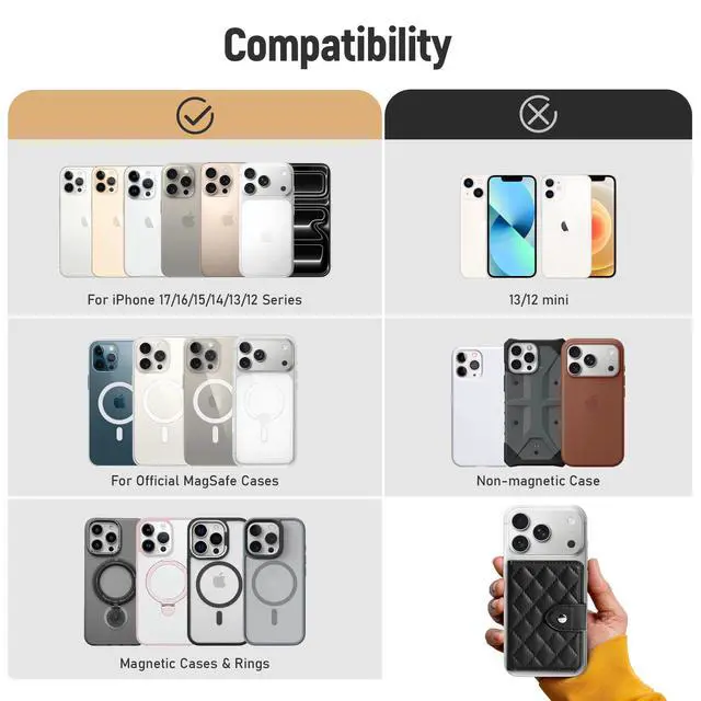 Alt view image 7 of 7 - Compatible with Magsafe Wallet Magnetic 4-Card Holder, Magnetic Wallet for iPhone, RFID Blocking, Diamond Quilting Leather, Slim for iPhone 17/16/15/14/13/12 Series, Not for 13/12 Mini, Black