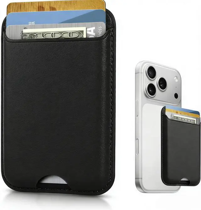 Main image of Magnetic Mag-safe Wallet Cell Phone Card Holder for Phone Case with Mag-Safe, Stronger Magnetic RFID Leather Phone Wallet Stick on for iPhone 17/16/15/14/13/12 Series, Black Color