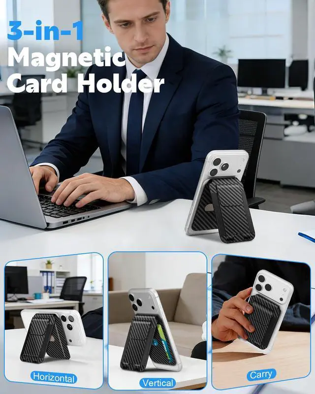Alt view image 2 of 7 - MagSafe Wallet with Stand, 9-Card RFID Blocking Slim Magnetic Card Holder, Adjustable Stand Angles, Magnetic Phone Wallets for iPhone 17/16/15/14/13/12 Series, Carbon Black