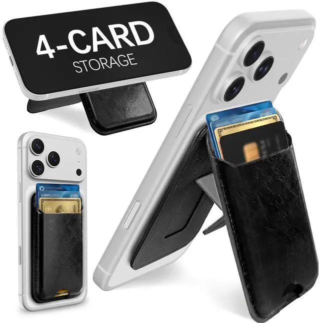 Main image of Compatible with Magsafe Wallet with Stand - Magnetic Wallets for iPhone 17/16/15/14/13/12 Series Slim Leather Minimalist Magnet Phone Card Holder for Men Women Fit 4 Cards, Black