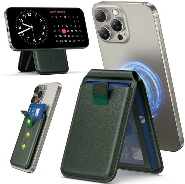 Main image of Upgraded Mag-Safe Wallet with Drawstring Lightweight Vegan Leather Magnetic Card Holder Adjustable Phone Wallet Stand Magnetic for iPhone 12-17 Series Not for iPhone 13/12 Mini (Green)
