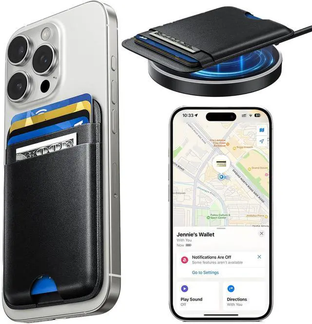 Main image of MagSafe Wallet with Full Find My Slim RFID-Blocking Vegan Leather Phone Wallet Portable Dual-Pocket 5 Cards Holder Strong Magnetic for iPhone 1216 Series Not for 13/12 Mini (Black)