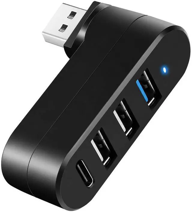Main image of 4-Port USB 3.0 Hub with 5W USB-C PD-in, 90°/180° Rotatable USB Splitter USB Extender for Laptop, iMac, MacBook Air/Pro, Car, PC, Xbox, PS5 Black