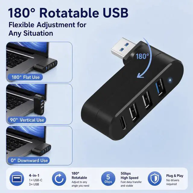 Alt view image 2 of 7 - 4-Port USB 3.0 Hub with 5W USB-C PD-in, 90°/180° Rotatable USB Splitter USB Extender for Laptop, iMac, MacBook Air/Pro, Car, PC, Xbox, PS5 Black