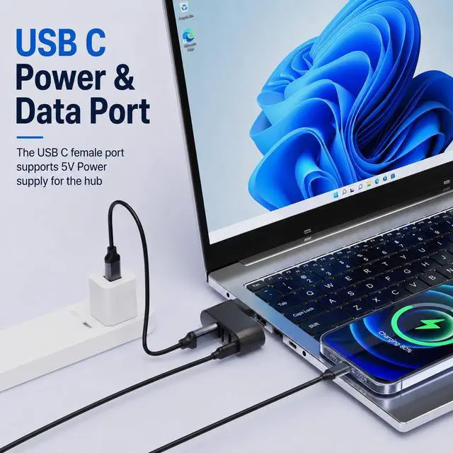 Alt view image 5 of 7 - 4-Port USB 3.0 Hub with 5W USB-C PD-in, 90°/180° Rotatable USB Splitter USB Extender for Laptop, iMac, MacBook Air/Pro, Car, PC, Xbox, PS5 Black