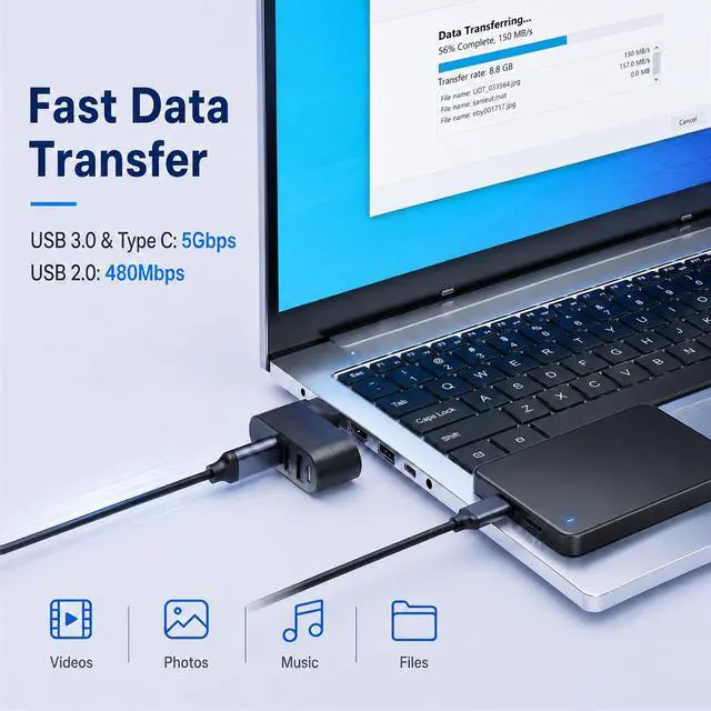 Alt view image 4 of 7 - 4-Port USB 3.0 Hub with 5W USB-C PD-in, 90°/180° Rotatable USB Splitter USB Extender for Laptop, iMac, MacBook Air/Pro, Car, PC, Xbox, PS5 Black