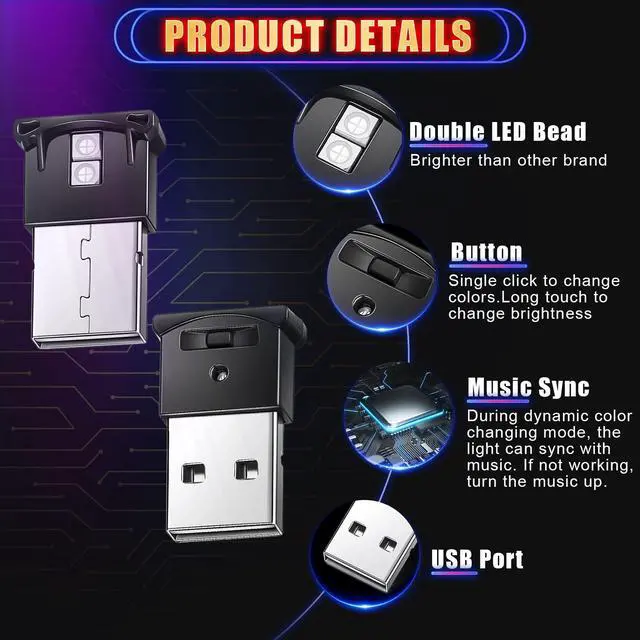 Alt view image 3 of 6 - 4 Pcs Mini USB LED Interior Lighting for Car, Music Sync Smart Atmosphere Light, DC 5V, Adjustable Brightness, 8 Colors, Compatible With Laptop Keyboard, Office, Home