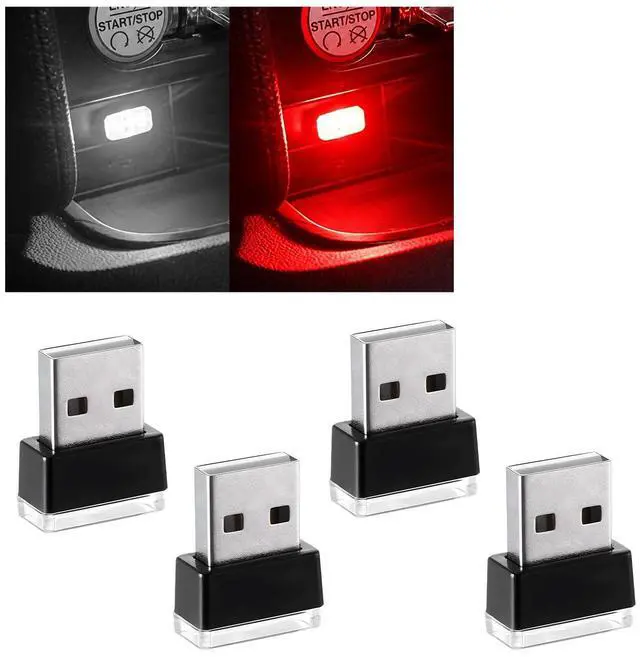 Main image of 4 PCS USB LED Car Interior Atmosphere Lamp, Plug-in USB Decor Night Light, Portable Auto Ambient Lighting Kit, Universal Vehicle Interior Accessories for Most Cars (White & Red)