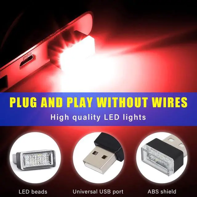 Alt view image 3 of 6 - 4 PCS USB LED Car Interior Atmosphere Lamp, Plug-in USB Decor Night Light, Portable Auto Ambient Lighting Kit, Universal Vehicle Interior Accessories for Most Cars (White & Red)
