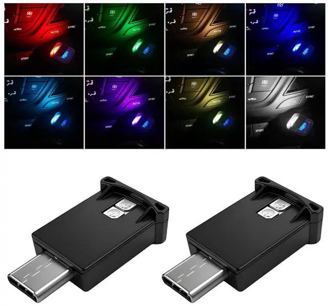 Main image of 2 PCS USB Type C LED Ambient Light, 8 Colors RGB LED Car Atmosphere Lamp Adjustable Brightness Light, 5V Plug-in USB Ambient Lamp Interior Decoration for Vehicle Home Office
