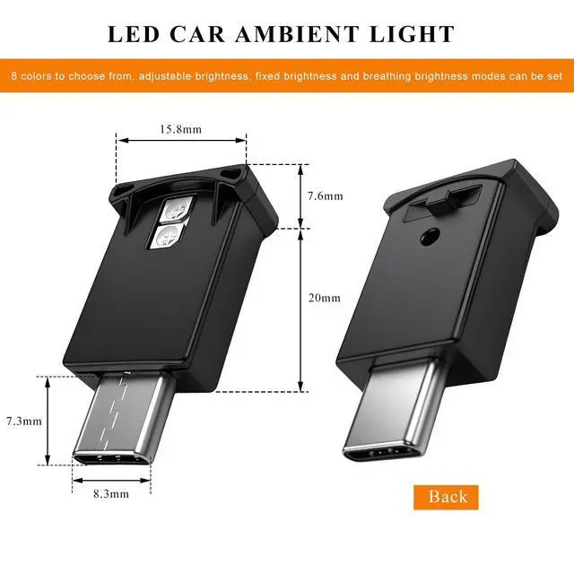 Alt view image 2 of 6 - 2 PCS USB Type C LED Ambient Light, 8 Colors RGB LED Car Atmosphere Lamp Adjustable Brightness Light, 5V Plug-in USB Ambient Lamp Interior Decoration for Vehicle Home Office