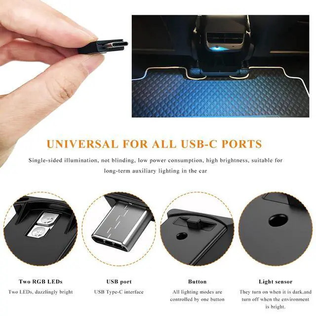 Alt view image 3 of 6 - 2 PCS USB Type C LED Ambient Light, 8 Colors RGB LED Car Atmosphere Lamp Adjustable Brightness Light, 5V Plug-in USB Ambient Lamp Interior Decoration for Vehicle Home Office