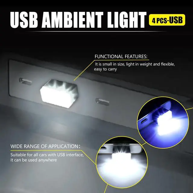 Alt view image 6 of 6 - 4PCS USB LED Car Interior Atmosphere Lamp (White+Blue)