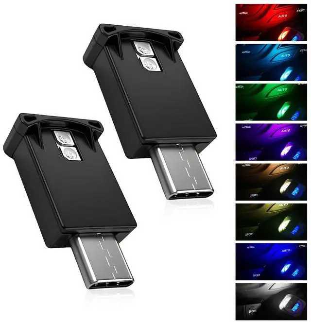 Main image of 2 PCS USB Type C LED Ambient Light, 8 Colors RGB Car Ambient Lights Adjustable Brightness Night Lamp, 5V Plug-In Smart USB Atmosphere Light for Vehicle Home Office