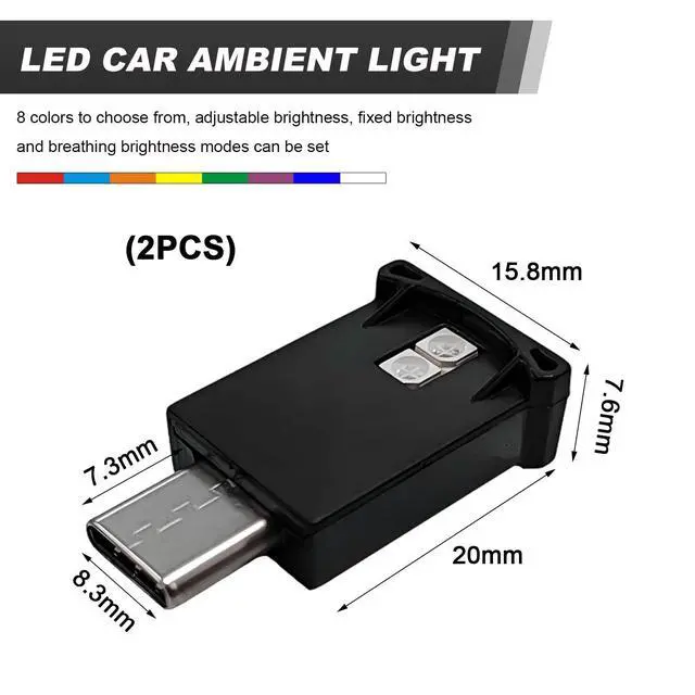 Alt view image 2 of 6 - 2 PCS USB Type C LED Ambient Light, 8 Colors RGB Car Ambient Lights Adjustable Brightness Night Lamp, 5V Plug-In Smart USB Atmosphere Light for Vehicle Home Office