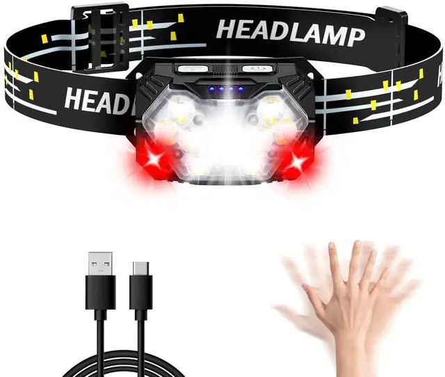 Main image of 9 LED Headlamp Rechargeable, 2000 Lumen Super Bright 10 Modes Motion Sensor Head Lamp with White Red Light, Ultralight and Waterproof Headlight Flashlight with USB C Cable for Camping Hiking