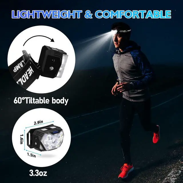 Alt view image 6 of 7 - 9 LED Headlamp Rechargeable, 2000 Lumen Super Bright 10 Modes Motion Sensor Head Lamp with White Red Light, Ultralight and Waterproof Headlight Flashlight with USB C Cable for Camping Hiking
