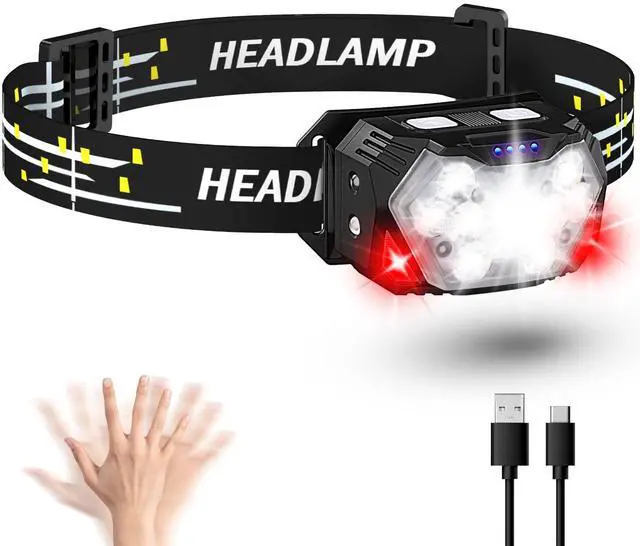 Main image of 2000LM Ultra Bright 9 LED Headlamp, USB C Rechargeable Headlight, 10 Modes, Waterproof Motion Sensor Head Lamp Flashlight with White Red Light, Adjustable Headband for Adults Outdoor Hiking