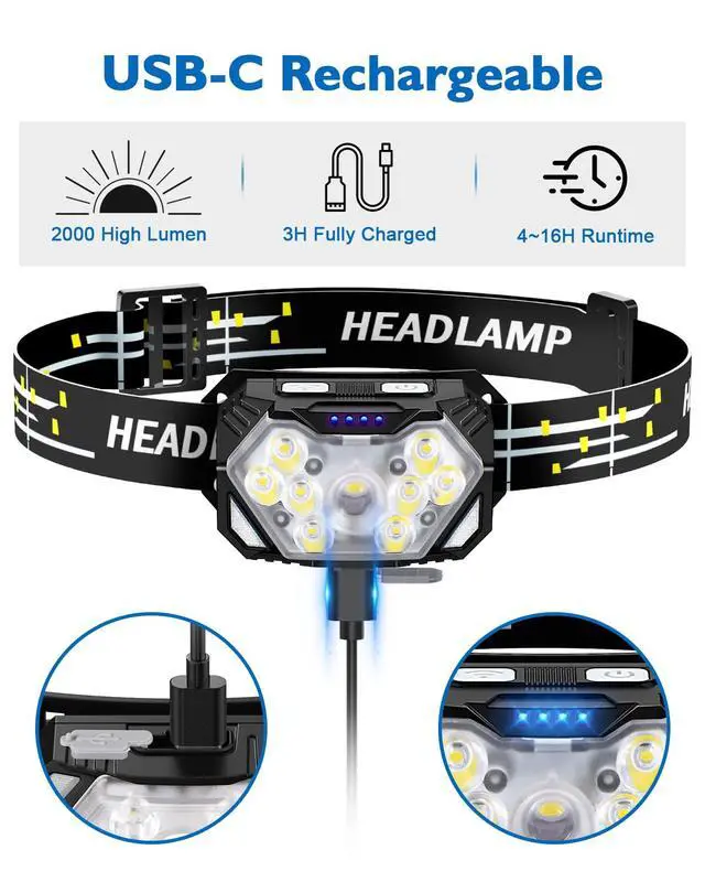 Alt view image 5 of 7 - 2000LM Ultra Bright 9 LED Headlamp, USB C Rechargeable Headlight, 10 Modes, Waterproof Motion Sensor Head Lamp Flashlight with White Red Light, Adjustable Headband for Adults Outdoor Hiking