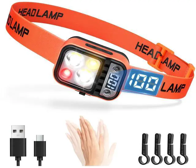 Main image of LED Headlamp High Lumens USB Rechargeable Dual Light Headlight for Hardhat with Motion Sensor, Digital Power Display, Up/Down Adjustable, Waterproof Head Lamps for Camping, Car Maintenance