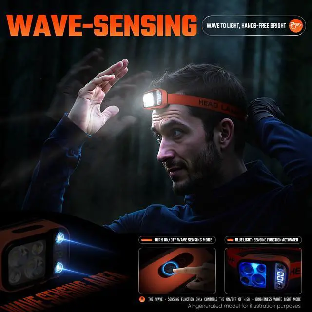 Alt view image 3 of 7 - LED Headlamp High Lumens USB Rechargeable Dual Light Headlight for Hardhat with Motion Sensor, Digital Power Display, Up/Down Adjustable, Waterproof Head Lamps for Camping, Car Maintenance