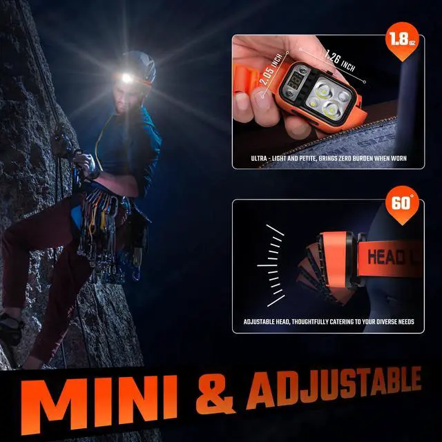 Alt view image 5 of 7 - LED Headlamp High Lumens USB Rechargeable Dual Light Headlight for Hardhat with Motion Sensor, Digital Power Display, Up/Down Adjustable, Waterproof Head Lamps for Camping, Car Maintenance