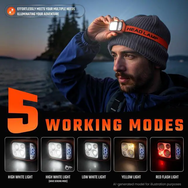 Alt view image 4 of 7 - LED Headlamp High Lumens USB Rechargeable Dual Light Headlight for Hardhat with Motion Sensor, Digital Power Display, Up/Down Adjustable, Waterproof Head Lamps for Camping, Car Maintenance