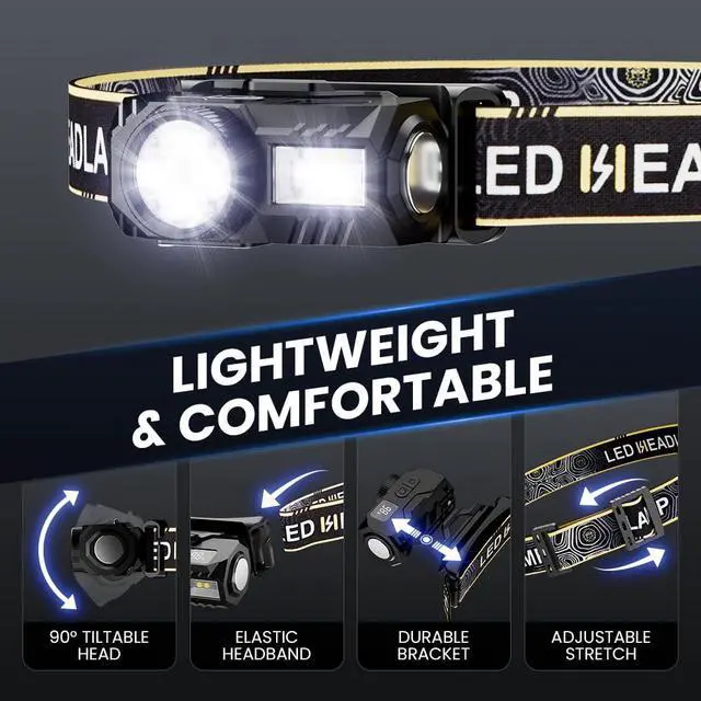 Alt view image 3 of 7 - Headlamp, 600 Lumen Ultra-Light LED Rechargeable Headlight with White Red Light, Waterproof Motion Sensor Head Lamp, 6 Mode for Outdoor Camping Running Hiking Fishing (Yellow)