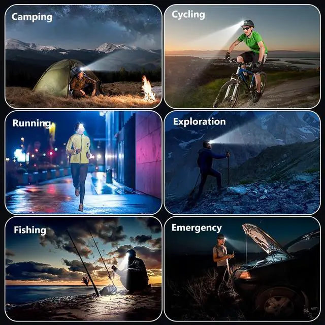 Alt view image 7 of 7 - Head Lamps Led Rechargeable, USB C Headlamp with 5 Modes 120° Adjustable IPX6 Waterproof LED Head Lights for Forehead Camping Hiking Running Fishing Hard Hat