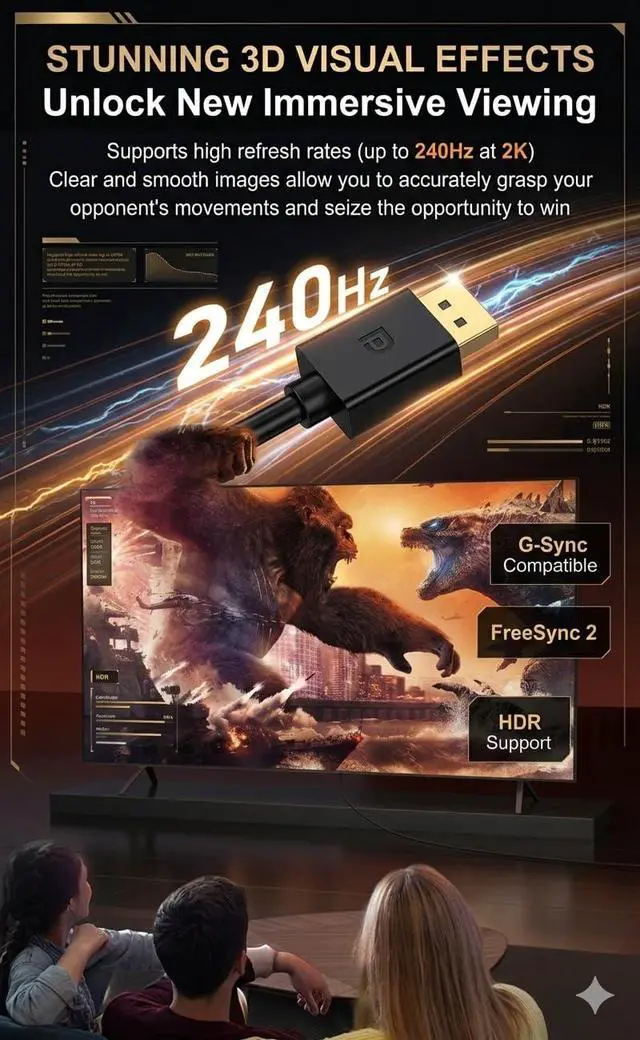 Alt view image 4 of 7 - DisplayPort 1.4 Cable, 3.3ft 8K DP Cable, Display Port Cord for 8K@60Hz, 4K@144Hz, 2K@240Hz, HDR, 32.4Gbps Gold Plated Connectors for Gaming Monitor, FreeSync/G-Sync, PC, Laptop, TV