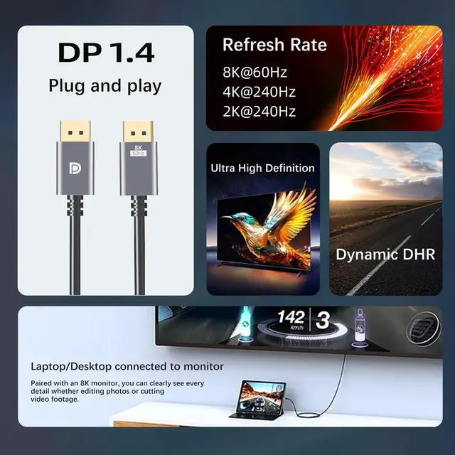 Alt view image 3 of 6 - DisplayPort Cable 1.4,8K DP Cable 6.6ft (8K@60Hz, 4K@240Hz, 2K@1800Hz) HBR3 Support 32.4Gbps, HDR, Braided Display Port for Gaming Monitor, Graphics, PC (2M)