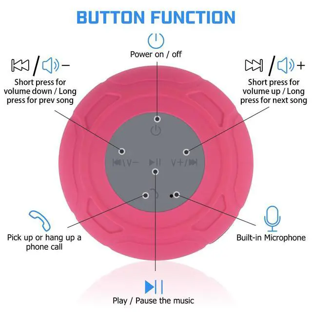 Alt view image 4 of 6 - Waterproof Bluetooth Shower Speaker Portable Wireless Water-Resistant Speaker Suction Cup,Built-in Mic Gifts for Kids Speakerphone for iPhone Phone Tablet Bathroom Kitchen - Pink