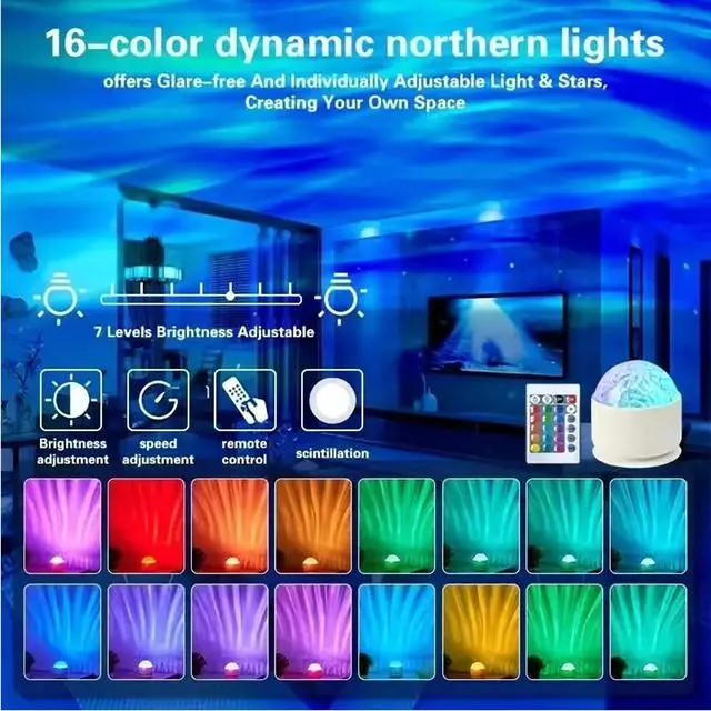 Alt view image 6 of 7 - 2 in 1 Northern Lights Projector, 16 Color Aurora Night Light Projector,Remote Galaxy Light Projector,USB Recharge Ocean Wave Projector for Playroom Birthday Kids Teen Gift (Aurora & Wave)