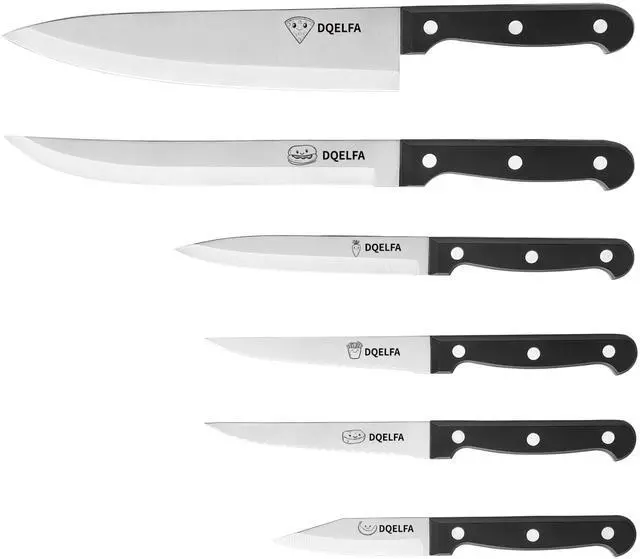Main image of 6 Piece Kitchen Knife Set, Stainless Steel Knife Set With Ergonomic Handle, Rustproof, Dishwasher Safe (Black, Fun Food Icons)