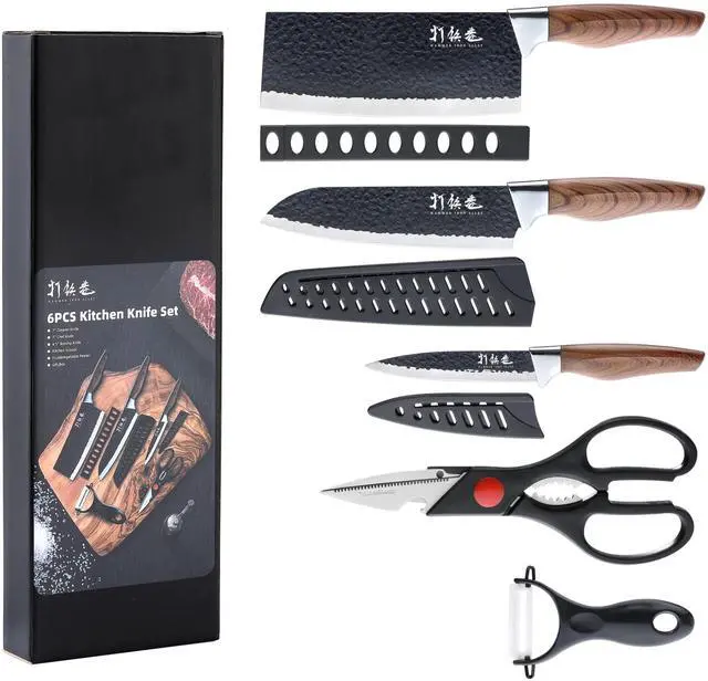 Main image of 5 PCS kitchen Chef Knife Set, include 7 inch cleaver, 7 inch Santoku, 4.5 inch utility knife, Kitchen Scissors and Peeler