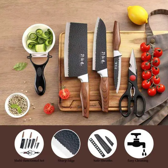 Alt view image 3 of 7 - 5 PCS kitchen Chef Knife Set, include 7 inch cleaver, 7 inch Santoku, 4.5 inch utility knife, Kitchen Scissors and Peeler