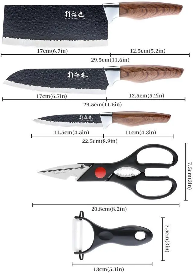 Alt view image 2 of 7 - 5 PCS kitchen Chef Knife Set, include 7 inch cleaver, 7 inch Santoku, 4.5 inch utility knife, Kitchen Scissors and Peeler