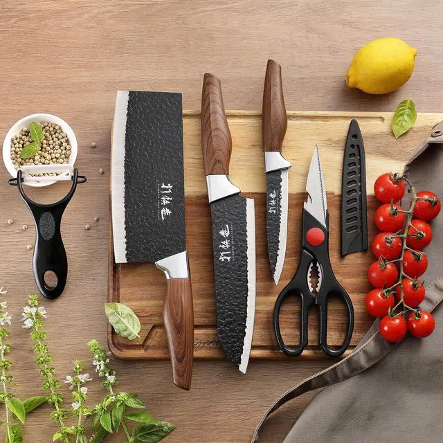 Alt view image 6 of 7 - 5 PCS kitchen Chef Knife Set, include 7 inch cleaver, 7 inch Santoku, 4.5 inch utility knife, Kitchen Scissors and Peeler