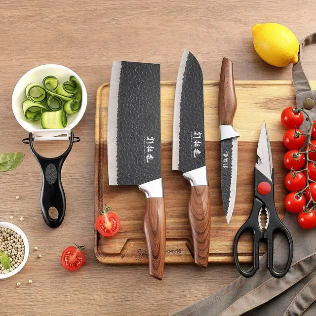 Alt view image 7 of 7 - 5 PCS kitchen Chef Knife Set, include 7 inch cleaver, 7 inch Santoku, 4.5 inch utility knife, Kitchen Scissors and Peeler